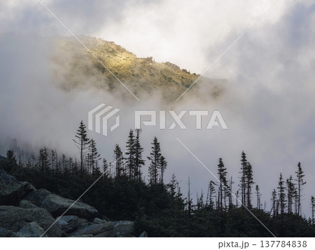 Misty clouds cling to rugged mountain peaks 137784838