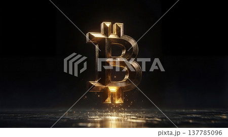Bright spotlight illuminates textured gold Bitcoin medal against dark backdrop 137785096