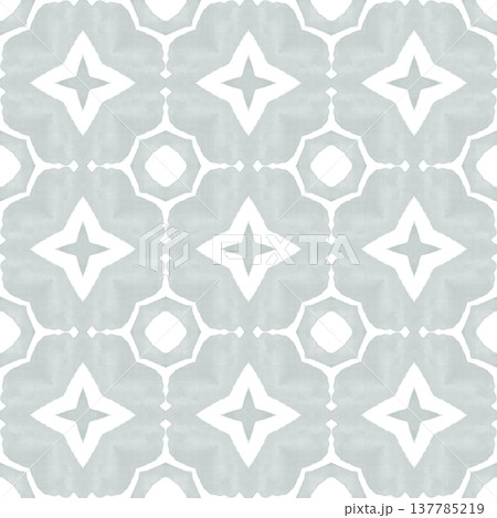 Soft Sage Watercolor Ikat Seamless Pattern with Symmetrical Ornamental Motifs 137785219