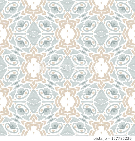 Soft Sage and Beige Watercolor Ikat Seamless Pattern with Symmetrical Ornamental Motifs Soft Sage and Beige Watercolor Ikat Seamless Pattern with Symmetrical Ornamental Motifs 137785229