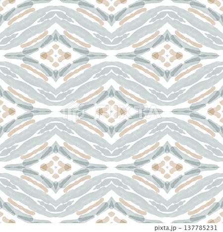 Soft Sage and Beige Watercolor Ikat Seamless Pattern with Symmetrical Ornamental Motifs 137785231