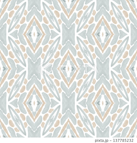 Soft Sage and Beige Watercolor Ikat Seamless Pattern with Symmetrical Ornamental Motifs 137785232