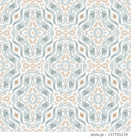 Soft Sage and Beige Watercolor Ikat Seamless Pattern with Symmetrical Ornamental Motifs Soft Sage and Beige Watercolor Ikat Seamless Pattern with Symmetrical Ornamental Motifs 137785239