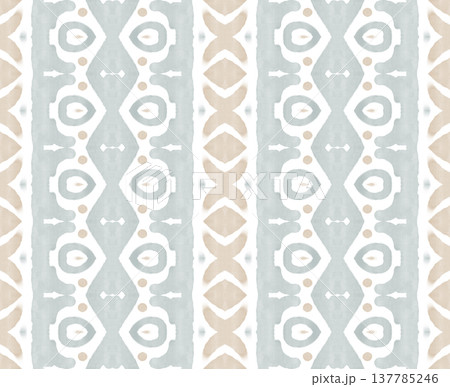 Soft Sage and Beige Watercolor Ikat Seamless Pattern with Symmetrical Ornamental Motifs 137785246