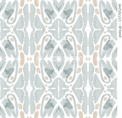 Soft Sage and Beige Watercolor Ikat Seamless Pattern with Symmetrical Ornamental Motifs Soft Sage and Beige Watercolor Ikat Seamless Pattern with Symmetrical Ornamental Motifs 137785249