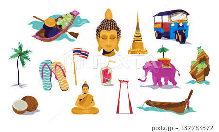 Thailand culture elements set design. Collection with human on boat with fruits, Buddha head and meditation pose statue, traditional buildings, tuk tuk taxi, elephant, flag, more. Vector illustration. 137785372