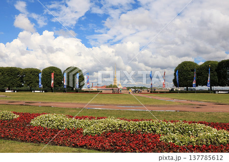 Russia, St. Petersburg, July 3, 2018, Birzhevaya Square on the Spit of Vasilyevsky Island. On the photo of the Exchange Square, the Peter and Paul Fortress in the background 137785612
