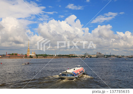 St. Petersburg, Russia, July 3, 2018, Peter and Paul Fortress. The photo shows the Peter and Paul Fortress and boats with tourists, 137785635