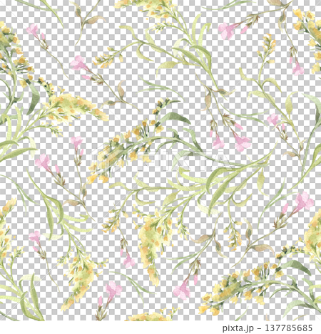 Yellow and pink seamless pattern with delicate watercolor wild flowers isolated on white. Soft meadow repeat surface for fabric, wallpaper, card background. Gentle nature repeat design hand painted. 137785685