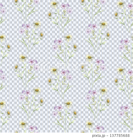 Seamless watercolor pattern with wildflowers, daisies on blue striped background isolated. Delicate purple blossom hand drawn rustic print. Botanical repeat for fabric design cottagecore style. Seamless watercolor pattern with wildflowers, daisies on blue striped background isolated. Delicate purple blossom hand drawn rustic print. Botanical repeat for fabric design cottagecore style. 137785688