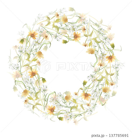 Watercolor wildflower wreath with neutral soft nature colors isolated white. Meadow grass arrangement circle frame hand painted. Botanical design for greeting card or wedding invitation. 137785691