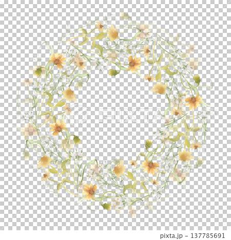Watercolor wildflower wreath with neutral soft nature colors isolated white. Meadow grass arrangement circle frame hand painted. Botanical design for greeting card or wedding invitation. 137785691