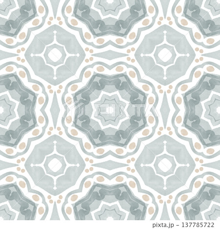 Soft Sage and Beige Watercolor Ikat Seamless Pattern with Symmetrical Ornamental Motifs 137785722