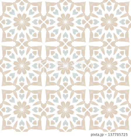 Soft Sage and Beige Watercolor Ikat Seamless Pattern with Symmetrical Ornamental Motifs 137785725