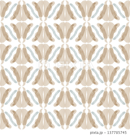 Soft Sage and Beige Watercolor Ikat Seamless Pattern with Symmetrical Ornamental Motifs 137785745