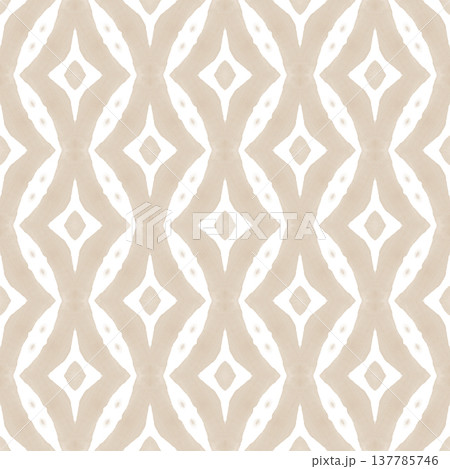 Soft Beige and White Watercolor Ikat Seamless Pattern with Symmetrical Ornamental Motifs Soft Beige and White Watercolor Ikat Seamless Pattern with Symmetrical Ornamental Motifs 137785746