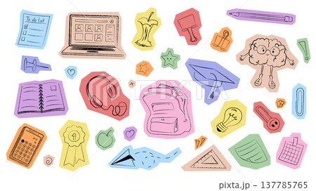 Scrapbook education stickers set in scribble grunge design with cutout edges. Doodle bundle with to do list, laptop, apple, pen, binder clips, brain, notebook, backpack, more. Vector illustration Scrapbook education stickers set in scribble grunge design with cutout edges. Doodle bundle with to do list, laptop, apple, pen, binder clips, brain, notebook, backpack, more. Vector illustration 137785765