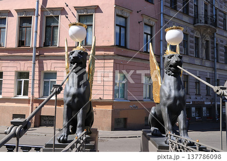 Russia, Petersburg, June 29, 2019. Winged lions on the Bank Bridge. Griffins on the Bank Bridge on the Fontanka River, according to legend, guard the golden treasures, 137786098