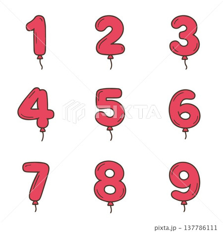 balloons in the shape numbers for childrens kids birthday. Cute and positive decor hand drawn set. Colorful drawing line clipart symbol collection. Vector illustration balloons in the shape numbers for childrens kids birthday. Cute and positive decor hand drawn set. Colorful drawing line clipart symbol collection. Vector illustration 137786111