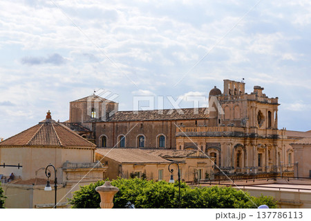 Baroque Church of San Carlo al Corso and historic buildings in the old town of Noto, Sicily. 137786113