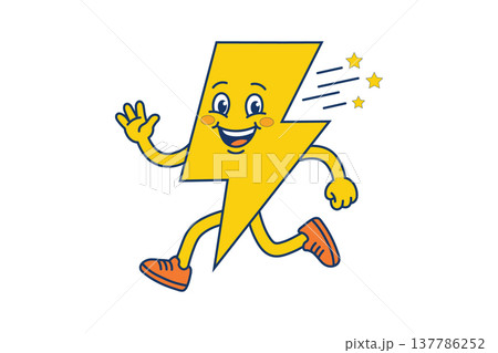 Mascot Yellow lightning bolt character running with orange shoes and stars, vector illustration isolated on white background Mascot Yellow lightning bolt character running with orange shoes and stars, vector illustration isolated on white background 137786252