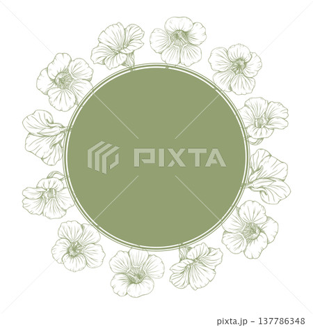 Nasturtium floral wreath frame, vector illustration with hand drawn botanical line art. Round vintage flower border on sage green background for wedding invitations, greeting cards, labels. 137786348