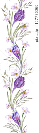 Vertical seamless border on an isolated background. Watercolor frame with purple crocuses, white flowers and green leaves. A floral ornament for decorating the spring theme and Easter holiday. Vertical seamless border on an isolated background. Watercolor frame with purple crocuses, white flowers and green leaves. A floral ornament for decorating the spring theme and Easter holiday. 137786369