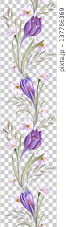 Vertical seamless border on an isolated background. Watercolor frame with purple crocuses, white flowers and green leaves. A floral ornament for decorating the spring theme and Easter holiday. Vertical seamless border on an isolated background. Watercolor frame with purple crocuses, white flowers and green leaves. A floral ornament for decorating the spring theme and Easter holiday. 137786369