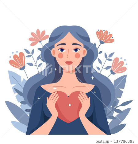 Woman holding heart. Love and care concept. Concept of self love, mental health, compassion, charity and positive emotions. Illustration. Woman holding heart. Love and care concept. Concept of self love, mental health, compassion, charity and positive emotions. Illustration. 137786385