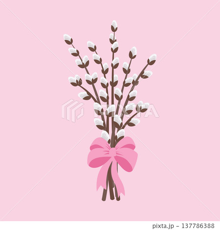 Willow twigs bouquet with pink bow on pink background. Festive spring illustration. Willow twigs bouquet with pink bow on pink background. Festive spring illustration. 137786388