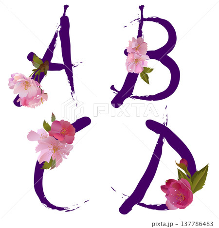 Vector spring alphabet with gentle sakura flowers A,B,C,D 137786483