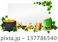 St. Patrick's Day banner with leprechaun hat, horseshoe, pot of gold and clover leaves 137786540