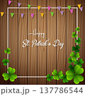 Happy St. Patrick's Day with clover leaves above wooden background 137786544