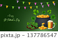 Happy St. Patrick's Day background with pot of gold coins and clover leaves 137786547