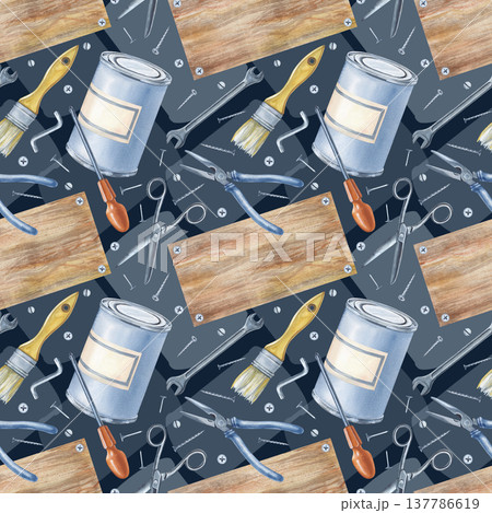 Seamless pattern with working tools and a wooden board on a background of translucent silhouettes. Watercolor illustration of men's work tools for home renovation on a dark background. Realistic 137786619