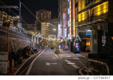 線路沿いの歓楽街 ホテルのネオンと夜の道路 137786957
