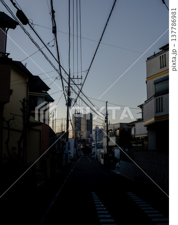 黄昏時の住宅街と電柱のシルエット 東京 黄昏時の住宅街と電柱のシルエット 東京 137786981