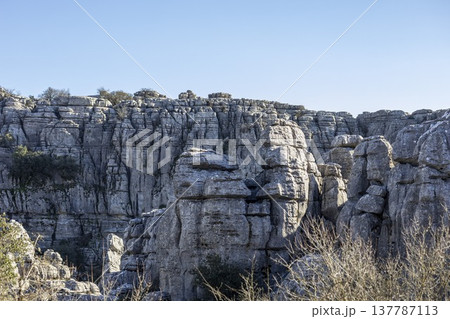 Exploring El Torcal in Spain with unique rock formations under the clear sky in a natural park setting 137787113