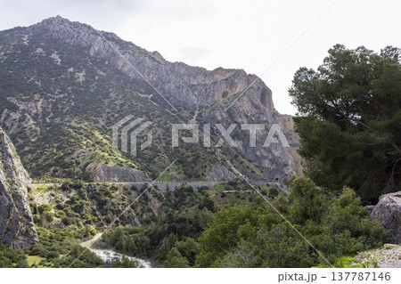Visitors walk along Caminito del Rey path in Spain's scenic mountains with stunning views of nature and a river below Visitors walk along Caminito del Rey path in Spain's scenic mountains with stunning views of nature and a river below 137787146
