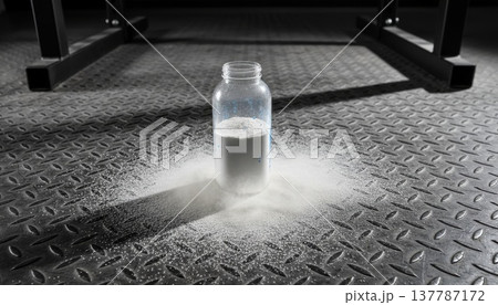 Supplement bottle with powder splash on textured gym floor, monochrome setting. Great for fitness, protein, nutrition, muscle, gym, modern, active, workout, style. 137787172