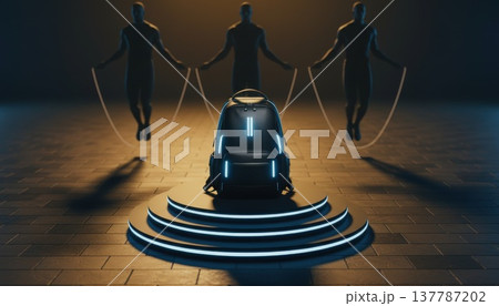 Futuristic illuminated sports backpack on podium, athletes with smart jump ropes in cyber gym. Perfect for fitness gear, innovation, high-tech training, modernization, style. 137787202