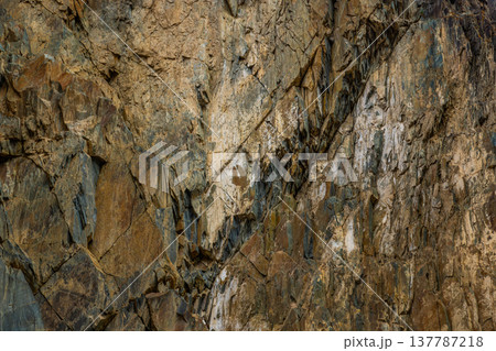 Rugged rock formation in mountainous outdoor setting Rugged rock formation in mountainous outdoor setting 137787218