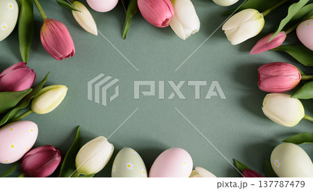 Easter Frame with White and Pink Tulips and Painted Eggs. Spring Holiday Border 137787479