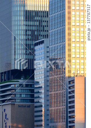 朝日を浴びる大阪の高層ビル群_縦 137787517