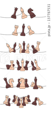 Vertical minimalist composition of chess pieces in multiple rows connected by one flowing line, modern abstract design Vertical minimalist composition of chess pieces in multiple rows connected by one flowing line, modern abstract design 137787531