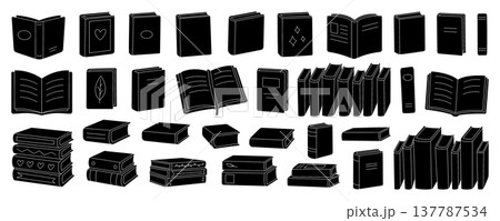 Silhouette vector set of books. Including open, closed, stacked, and decorated books 137787534