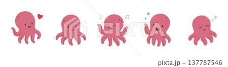 Cartoon octopus set. Flat pink marine characters with emotions - love, neutral, music, bubbles, sleep. Vector illustration pack. 137787546