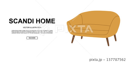 Minimal vector interior with yellow loveseat. Flat line illustration with clean background for furniture ad or product concept. Minimal vector interior with yellow loveseat. Flat line illustration with clean background for furniture ad or product concept. 137787562