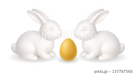 Two white Easter bunnies with golden egg. Minimal 3D spring illustration 137787568