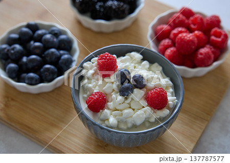 Cottage Cheese Breakfast Bowl with Fresh Berries 137787577